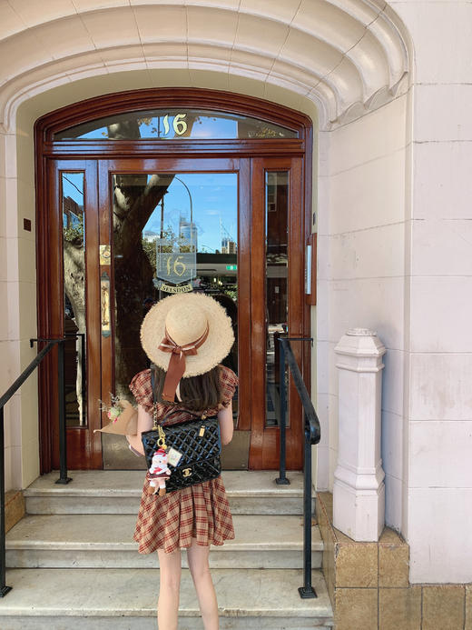 金蘑菇菇 水果篮子 小红裙 /长短款复古耐看v领泡泡袖格子连衣裙 商品图1