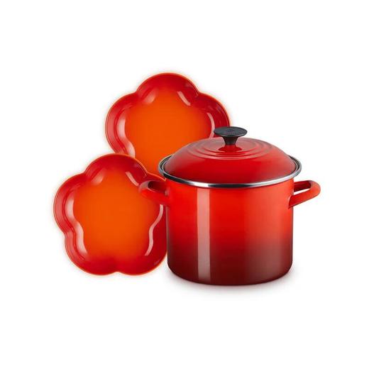 酷彩20cm珐琅钢深炖锅红色+中号花形盘2件套桔色 商品图0