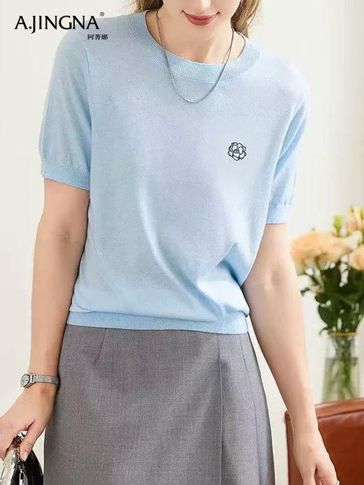 【清凉一夏】阿菁娜桑蚕丝莱塞尔圆领山茶花刺绣针织衫F30X301017 商品图3