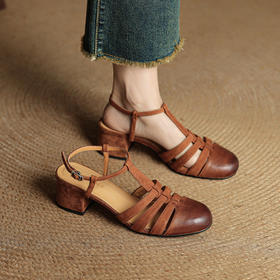 2025夏新款牛皮复古风棕色透气配裙子粗跟包头罗马凉鞋女3340大码
