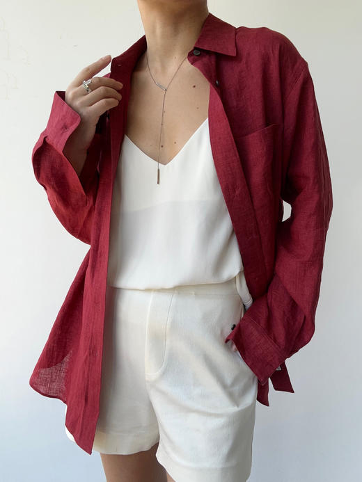 THEHOYAN｜TH2504-R  04 oversized linen shirt BURGUNDY 亚麻衬衫 [ 酒红 ] 商品图4