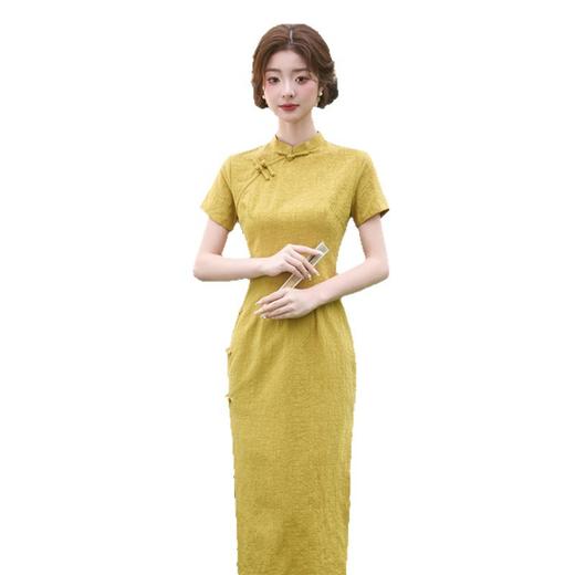 GX2025夏款中国风提花棉中长复古旗袍改良修身显瘦日常黄色送考旗袍 商品图4