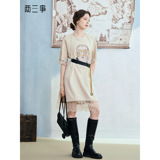 两三事汐谣漫航2025夏新款印花刺绣蕾丝拼接前短后长t恤裙连衣裙 商品图0