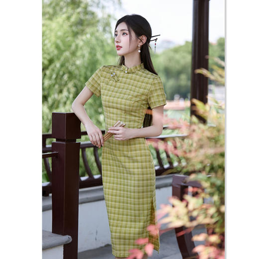 GX复古国风文艺格子长款TR棉旗袍2025夏季新款年轻少女学院风旗袍裙 商品图2