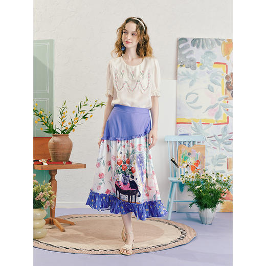 两三事云泡香朵2025夏季新款小清新郁金香绣花双层领泡泡袖衬衫女 商品图1