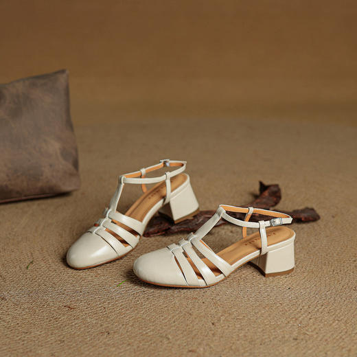 2025夏新款牛皮复古风棕色透气配裙子粗跟包头罗马凉鞋女3340大码 商品图6