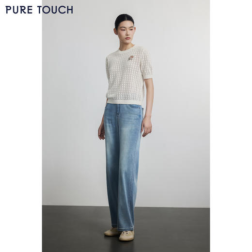 PURE TOUCH米白色镂空花纹短袖针织上衣 商品图1