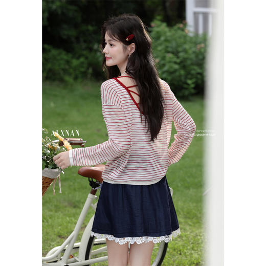 鹿向南「香颂微光」红色条纹防晒罩衫长袖T恤女夏空调衫宽松上衣 商品图3