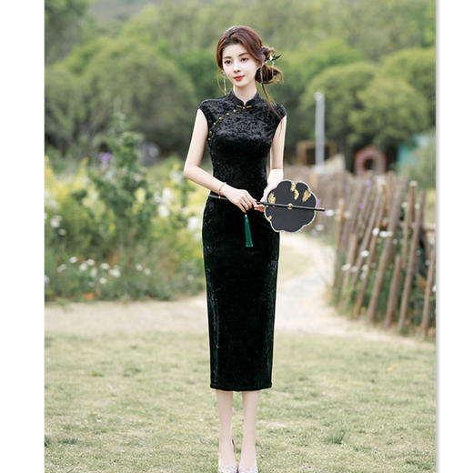 GX老上海复古国风钻石绒长款无袖旗袍2025早秋新款日常修身显瘦旗袍 商品图0