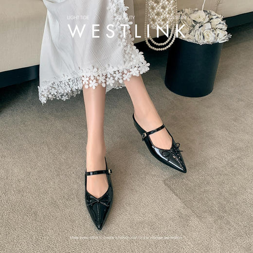 西遇一脚蹬包头半拖鞋女新款夏外穿蝴蝶结内增高鞋尖头穆勒鞋V1056722 商品图2