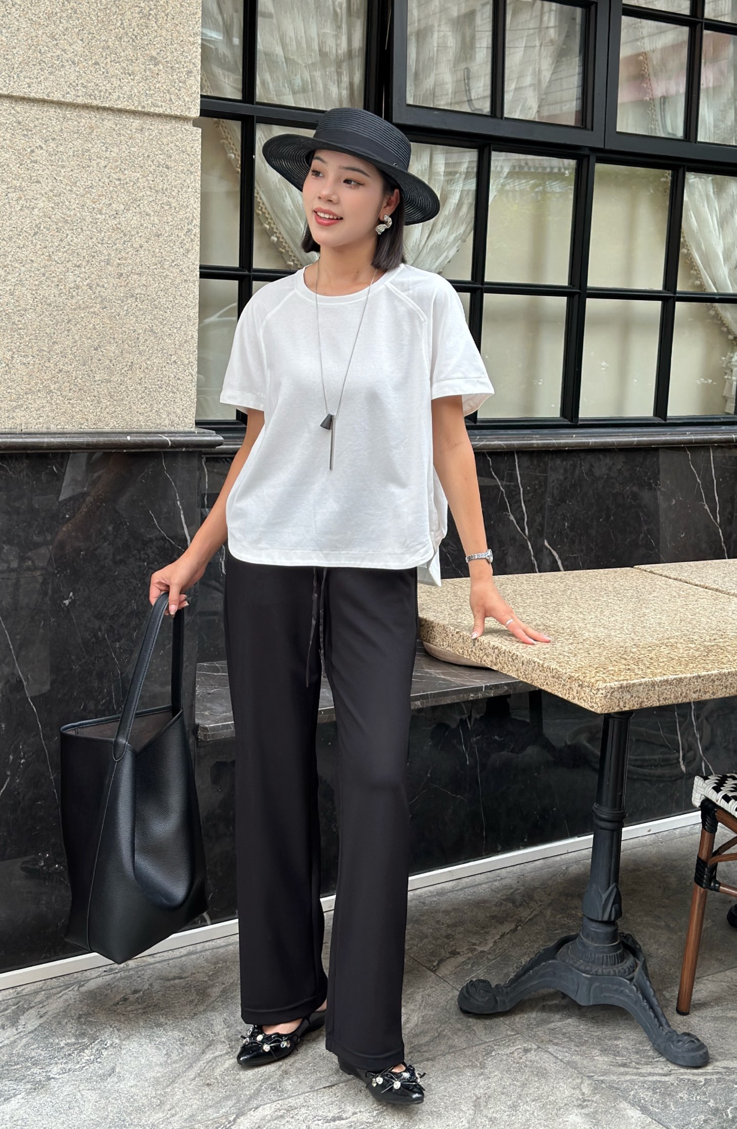 Z42210-1#同色系缎面腰头直筒裤