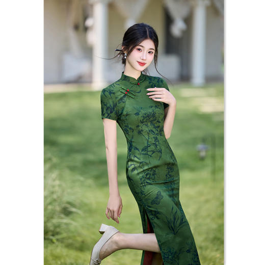 GX绿色旗袍2025新款改良年轻款复古民国风小个子连衣裙日常可穿夏季 商品图2