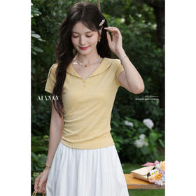 鹿向南「柠檬气泡」温柔风黄色V领短袖T恤女夏季收腰显瘦上衣小众