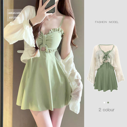 泳衣女2025新款夏连体显瘦保守裙式牛油果绿高级感性感泡温泉泳装 商品图0