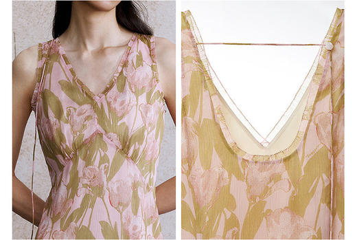 【董洁同款】「并蒂莲」茱萸粉连衣裙 郁金香印花连衣裙 印花顺纡雪纺 自然垂坠轻盈流动 花边 V 字领 点缀薄纱花边 高位胸腰剪裁 贴合身形曲线 商品图9