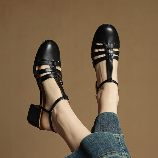 2025夏新款牛皮复古风棕色透气配裙子粗跟包头罗马凉鞋女3340大码 商品图7