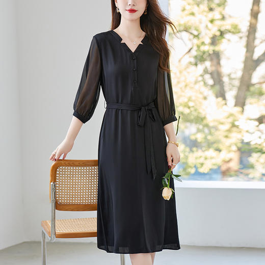 QS-水墨佳人杭派原创重磅真丝连衣裙女纯色拼接收腰中长裙子82497336 商品图2