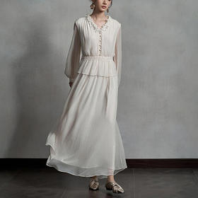 【林栖设计小店】真丝连衣裙拼蕾丝花边压褶肌理2025秋季新款宽松长裙女1953049