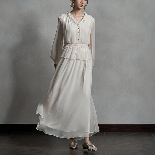 【林栖设计小店】真丝连衣裙拼蕾丝花边压褶肌理2025秋季新款宽松长裙女1953049 商品图0