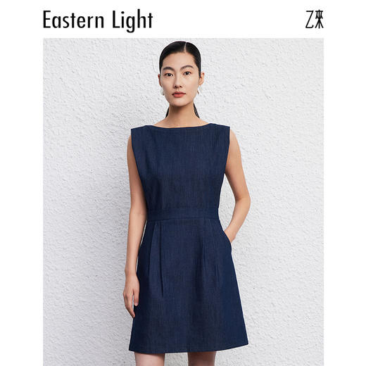 Eastern Light乙来 宽肩飞边牛仔连衣裙简约纯色收腰裙子 商品图2