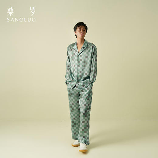 英伦风』桑罗绿灰格纹男士真丝睡衣套装100%桑蚕丝撞色长袖家居服 商品图4