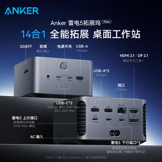 【新品】Anker安克 Prime系列 雷电5扩展坞 14合1双8K三屏异显PD快充适配MacOS/Windows A83B5 商品图1