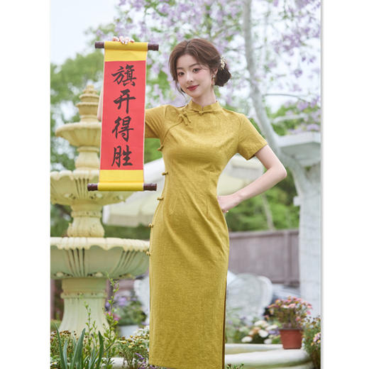 GX2025夏款中国风提花棉中长复古旗袍改良修身显瘦日常黄色送考旗袍 商品图3