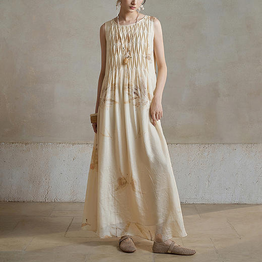 【林栖设计小店】【植物染】真丝草木染拓印无袖连衣裙捏褶2025秋季新款桑蚕丝长裙女1953061 商品图2