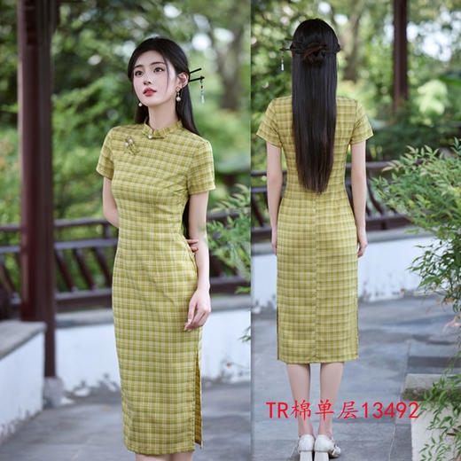 GX复古国风文艺格子长款TR棉旗袍2025夏季新款年轻少女学院风旗袍裙 商品图1