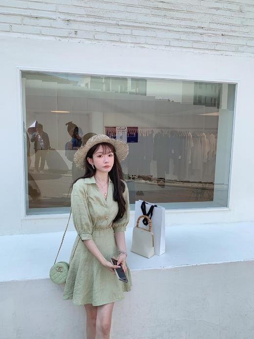 金蘑菇菇 双生 清爽甜系 私服V领高腰茶歇法式连衣裙女小个子短裙 商品图6