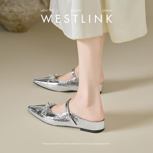 西遇一脚蹬包头半拖鞋女新款夏外穿蝴蝶结内增高鞋尖头穆勒鞋V1056722 商品图3