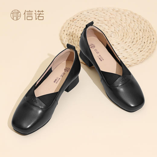 信诺真皮通勤软底妈妈鞋一脚蹬复古单鞋2025夏季新款舒适粗跟女鞋5Q5009-33 商品图3
