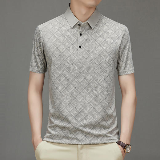 夏季男士短袖提花降温翻领冰丝中年透气亲肤宽松时尚衫短袖t恤男 商品图0