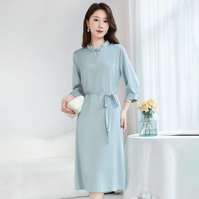 QS-【国风新中式】盘扣立领真丝连衣裙弹力双乔桑蚕丝连衣裙女6232