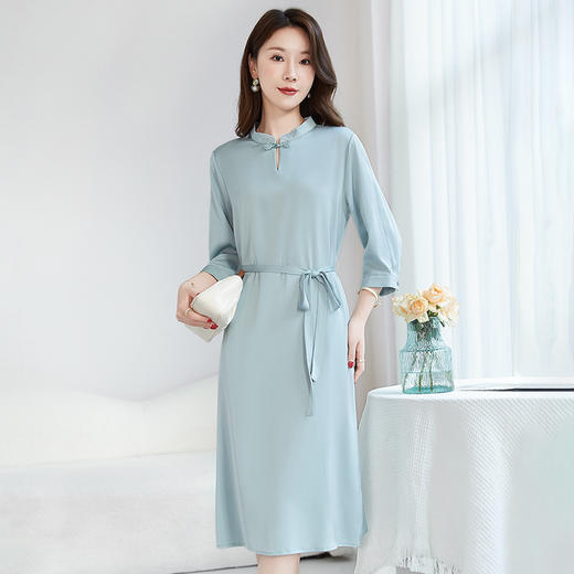 QS-【国风新中式】盘扣立领真丝连衣裙弹力双乔桑蚕丝连衣裙女6232 商品图0