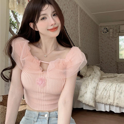 【法式甜辣纯欲性感❗一字领网纱针织衫】夏季新款甜辣妹洋气，修身百搭上衣潮ins，小众设计感短款上衣，新款韩版时尚百搭针织衫上衣薄L 商品图1