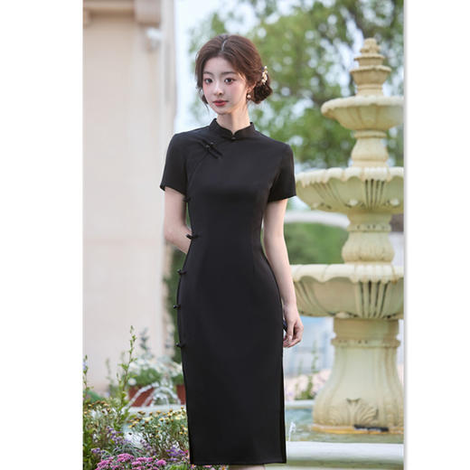 GX纯黑色罗马棉弹力日常旗袍2025夏季新款改良新中式国风复古旗袍裙 商品图3