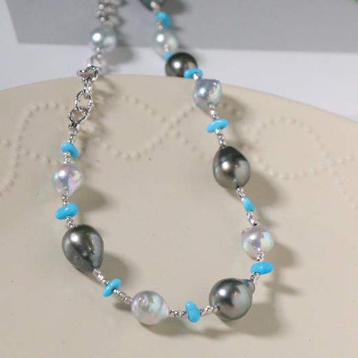 【甄珠贝】能量满满的一条海水珍珠项链 大溪地巴洛克8-11mm akoya真多麻色和扎克利绿松 925纯银配件 商品图3