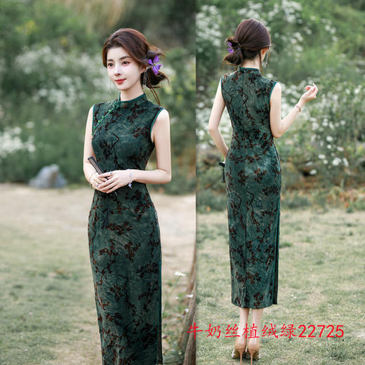 GX改良新中式长款植绒短袖旗袍2025夏季新款日常国风旗袍 商品图2