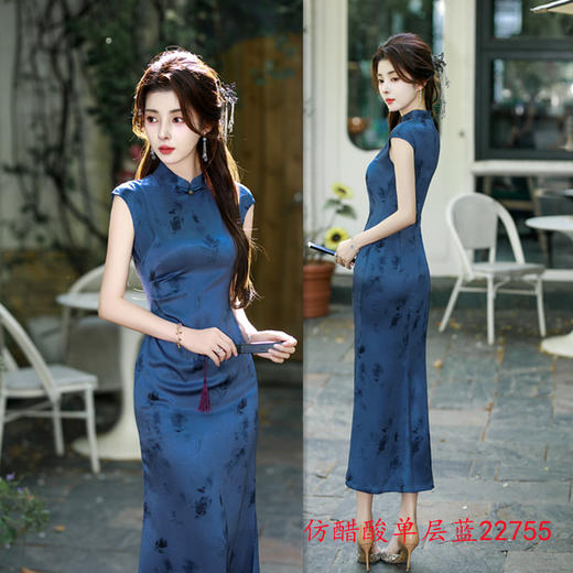 GX现代时尚改良新中式仿醋酸长款鱼尾旗袍2025夏季新款日常可穿旗袍 商品图1