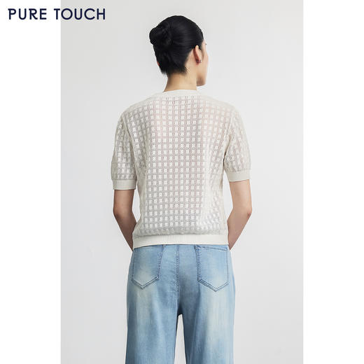 PURE TOUCH米白色镂空花纹短袖针织上衣 商品图4