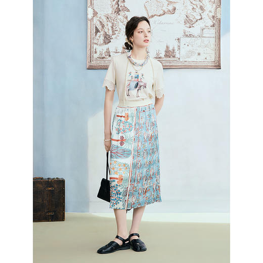 两三事 澜纹炽栖 2025夏季新款复古印花百褶裙直筒半身裙 商品图1