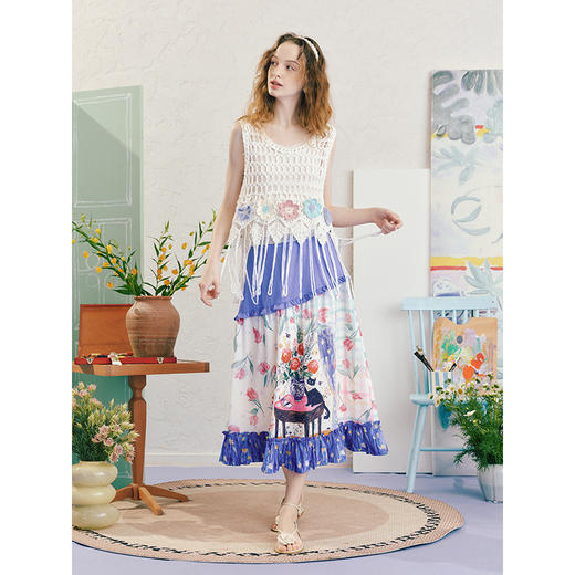 两三事浮香玫影2025夏季新款森女风荷叶边拼接印花a字半身裙长裙 商品图2