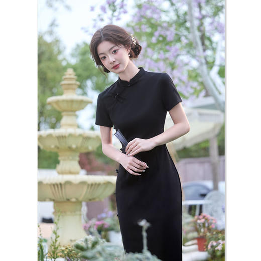 GX纯黑色罗马棉弹力日常旗袍2025夏季新款改良新中式国风复古旗袍裙 商品图2