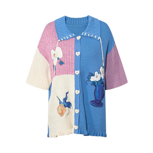 两三事 焙樱绒络 2025夏季新款复古拼色绣花针织开衫女宽松 商品图4