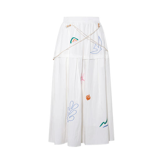 两三事 浪沫糖绘 2025夏季新款小清新绣花串珠腰绳a字半身裙长裙 商品图4