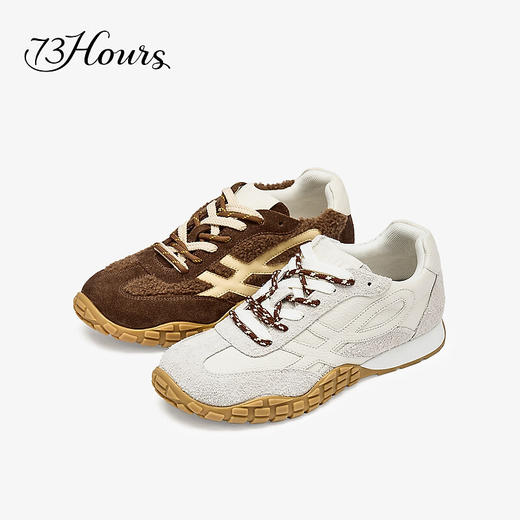 【2F】73Hours女鞋杏仁烤奶2025秋季新品休闲鞋平底系带拼色德训鞋 商品图4