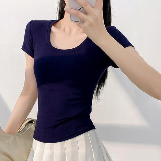 【经典百搭❗️弹力人棉极简T恤】简约不“简单” 春夏百搭无可挑剔短t恤，柔软透气亲肤不变形，短款紧身减领小衫，夏季时尚短袖白色打底衫上衣L 商品图2