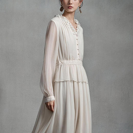 【林栖设计小店】真丝连衣裙拼蕾丝花边压褶肌理2025秋季新款宽松长裙女1953049 商品图1