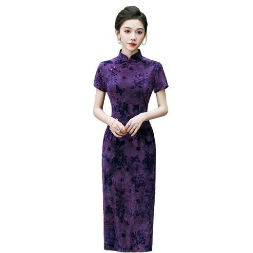 GX老上海复古中国风长款植绒短袖旗袍2025夏新款弹力旗袍 商品图4